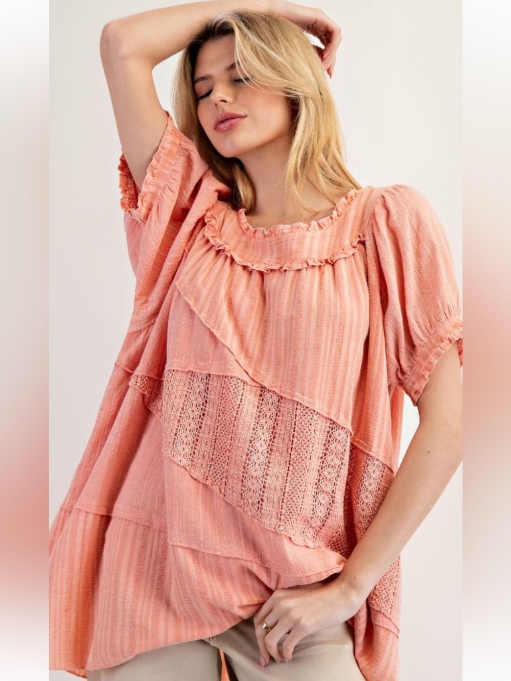 easel Peach Tiered Lace Peasant Tunic